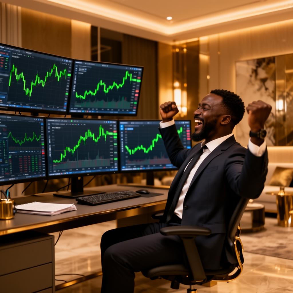 Successful forex trader celebrating profits